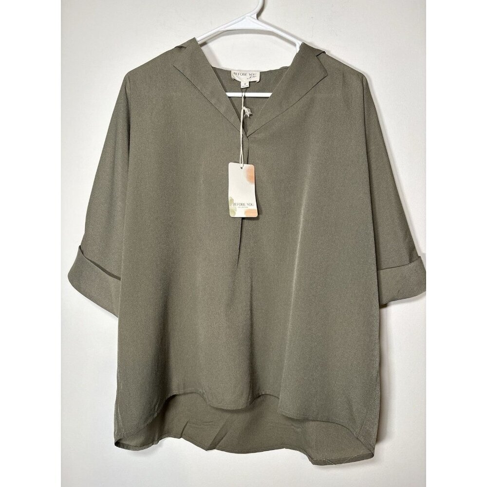 BEFORE YOU Short Sleeve V-Neck Collared Blouse‎ Olive Green NWT Lagenlook Medium